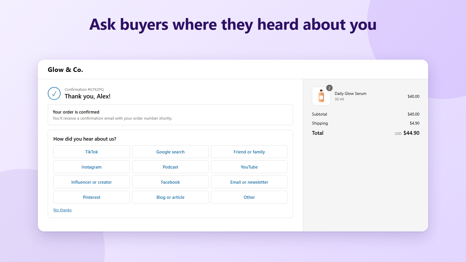 Survey on the Thank you page: how did you hear about us?