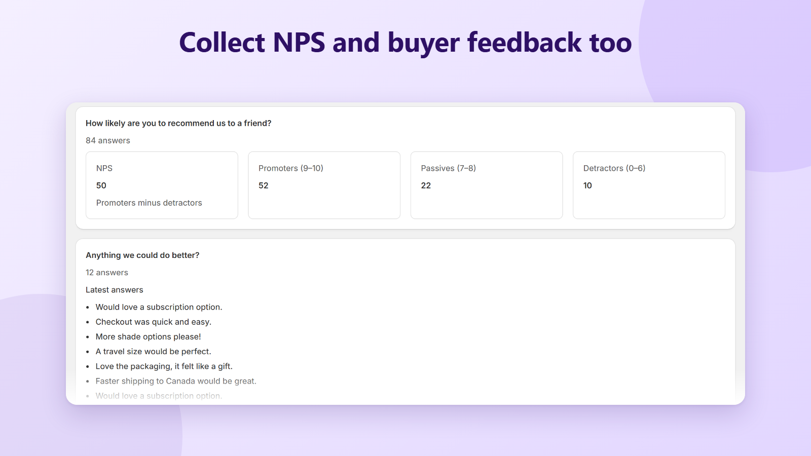 Results for an NPS question and the latest written feedback